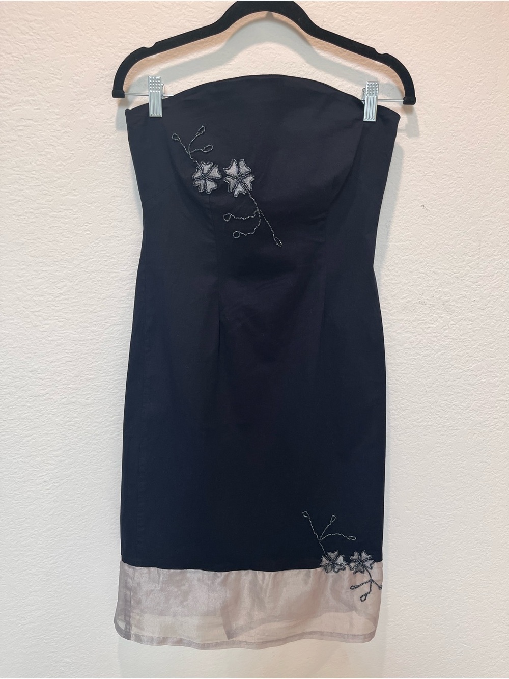 Strapless Navy Embroidered Cocktail Dress with Contrast Hem